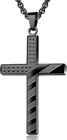 Cross Necklace for Men, Stainless Steel American Flag Pendant Necklace for Men Silver Black Gold Red-Blue Cross Chain 18-24 Inch in Saudi Arabia