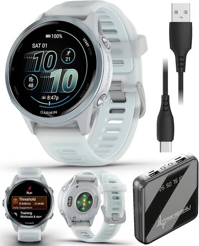 Garmin Forerunner 570 47mm GPS Running & Triathlon Smartwatch ، شاشة AMOLED ، التدريب والاسترداد ، AMP الصفراء المصنوعة من الألومنيوم/الشفافة البيضاء/النطاق الفيروز مع حزمة PowerBank القابلة للارتداء. in Kuwait