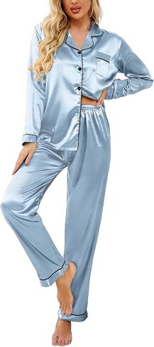 Ekouaer Women Satin Pajamas Set Classic Button Down Long Silk Pjs Set,XX-Large,Pink in Saudi Arabia