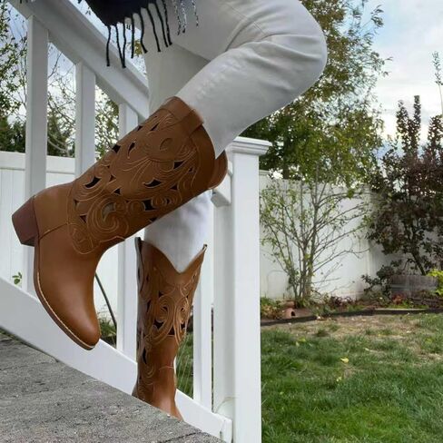 Cowboy Boots Women Cutouts Western Cowgirl Boot Embroidered Leather Boots Chunky Heel Fashion Vintage Mid Calf Boot in Kuwait