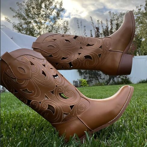 Cowboy Boots Women Cutouts Western Cowgirl Boot Embroidered Leather Boots Chunky Heel Fashion Vintage Mid Calf Boot in Kuwait