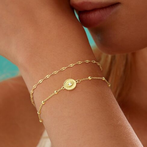 18K Gold Evil Eye Bracelets for Women 5A Cubic Zirconia Eye Adjustable Link Bracelets Protection Jewelry Gift with Card for Mother's Day Christmas in Saudi Arabia