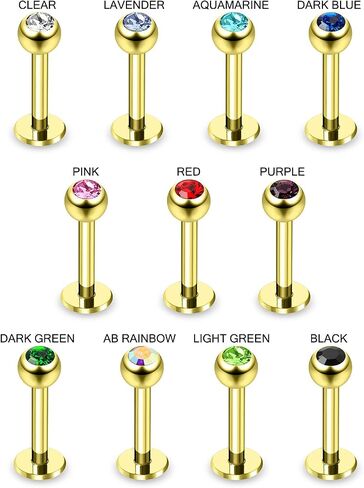Crystal Stone Gold Anodized 316L Surgical Steel Ball Top with 16 Gauge Lip Labret - Tragus Bar Piercing - Labret Stud Helix - Tragus Piercing Jewelry in Saudi Arabia