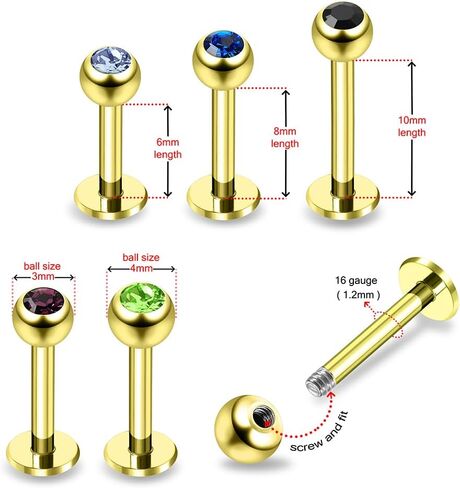 Crystal Stone Gold Anodized 316L Surgical Steel Ball Top with 16 Gauge Lip Labret - Tragus Bar Piercing - Labret Stud Helix - Tragus Piercing Jewelry in Saudi Arabia