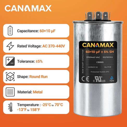 مكثف Canamax 40+10 فائق التوهج/MFD 50/60 هرتز 370-440 فولت تيار متردد - بديل لتشغيل محرك التيار المتردد أو تشغيل المروحة ومكيف الهواء البارد أو المضخة الحرارية - يستبدل C34010 C34010R 12246 100335-50 in Kuwait