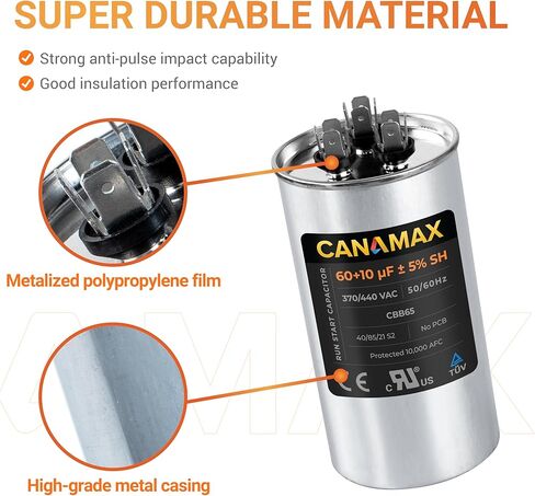 مكثف Canamax 40+10 فائق التوهج/MFD 50/60 هرتز 370-440 فولت تيار متردد - بديل لتشغيل محرك التيار المتردد أو تشغيل المروحة ومكيف الهواء البارد أو المضخة الحرارية - يستبدل C34010 C34010R 12246 100335-50 in Kuwait