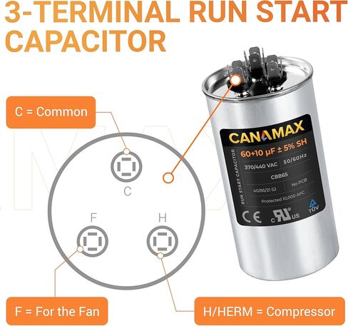 مكثف Canamax 40+10 فائق التوهج/MFD 50/60 هرتز 370-440 فولت تيار متردد - بديل لتشغيل محرك التيار المتردد أو تشغيل المروحة ومكيف الهواء البارد أو المضخة الحرارية - يستبدل C34010 C34010R 12246 100335-50 in Kuwait