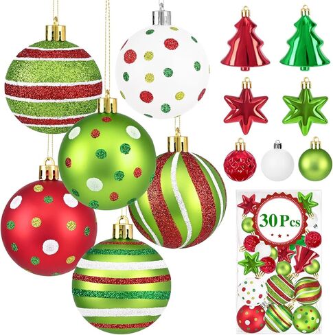 30Pcs Christmas Ball Ornaments, Red and Green Christmas Ornaments, Christmas Tree Decorations, Glittering Hanging Decor for Xmas Tree Topper Holiday Decorations in Saudi Arabia