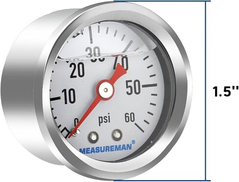 MEASUREMAN 1.5" Liquid Filled Fuel Pressure Gauge, 0-15 PSI Range for Accurate Tuning - Stainless Steel Case with a 1/16" NPT Center Back Mount in Kuwait