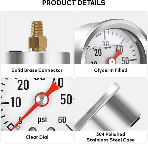 MEASUREMAN 1.5" Liquid Filled Fuel Pressure Gauge, 0-15 PSI Range for Accurate Tuning - Stainless Steel Case with a 1/16" NPT Center Back Mount in Kuwait