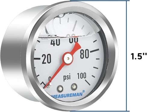 MEASUREMAN 1.5" Liquid Filled Fuel Pressure Gauge, 0-15 PSI Range for Accurate Tuning - Stainless Steel Case with a 1/16" NPT Center Back Mount in Kuwait