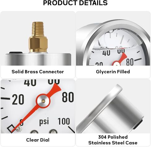 MEASUREMAN 1.5" Liquid Filled Fuel Pressure Gauge, 0-15 PSI Range for Accurate Tuning - Stainless Steel Case with a 1/16" NPT Center Back Mount in Kuwait