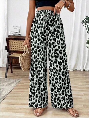 SHENHE Women's Leopard Print Wide Leg Palazzo Pants High Paperbag Waist Cheetah Trousers in Saudi Arabia