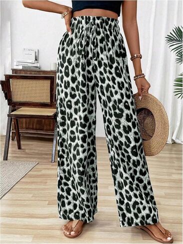 SHENHE Women's Leopard Print Wide Leg Palazzo Pants High Paperbag Waist Cheetah Trousers in Saudi Arabia