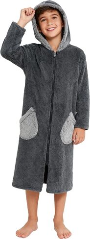 Funnycokid Boys Robe Zipper Kids Soft Fleece Hooded Bathrobe 7-14 Years in Kuwait