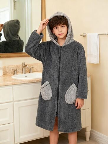 Funnycokid Boys Robe Zipper Kids Soft Fleece Hooded Bathrobe 7-14 Years in Kuwait
