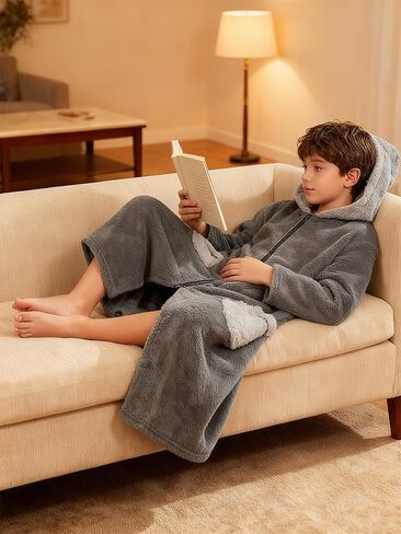 Funnycokid Boys Robe Zipper Kids Soft Fleece Hooded Bathrobe 7-14 Years in Kuwait