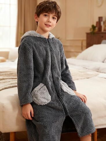 Funnycokid Boys Robe Zipper Kids Soft Fleece Hooded Bathrobe 7-14 Years in Kuwait