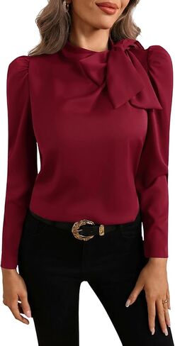 Women's Bow Tie Neck Puff Long Sleeve Blouse Elegant Work Office Shirts in Saudi Arabia