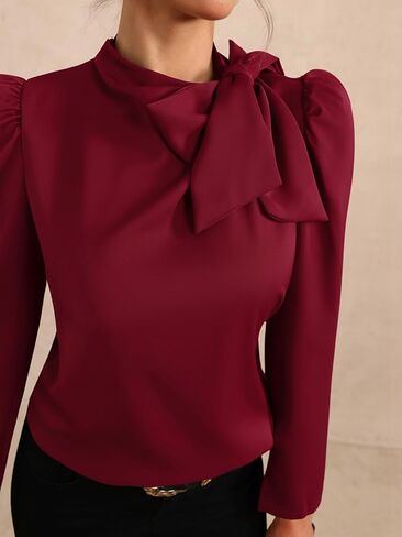 Women's Bow Tie Neck Puff Long Sleeve Blouse Elegant Work Office Shirts in Saudi Arabia