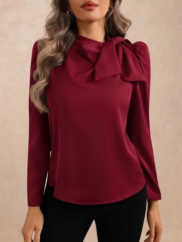 Women's Bow Tie Neck Puff Long Sleeve Blouse Elegant Work Office Shirts in Saudi Arabia