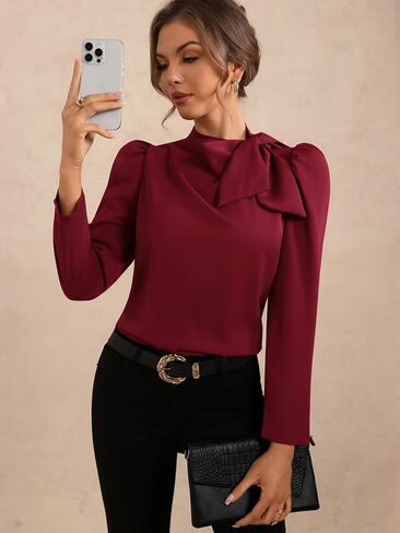 Women's Bow Tie Neck Puff Long Sleeve Blouse Elegant Work Office Shirts in Saudi Arabia