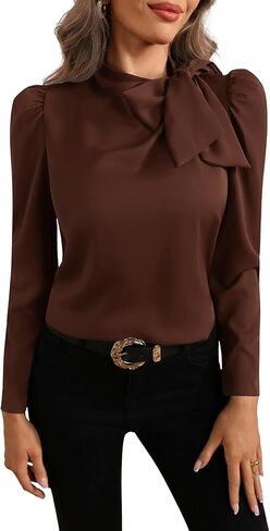 Women's Bow Tie Neck Puff Long Sleeve Blouse Elegant Work Office Shirts in Saudi Arabia