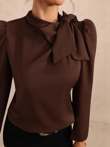 Women's Bow Tie Neck Puff Long Sleeve Blouse Elegant Work Office Shirts in Saudi Arabia