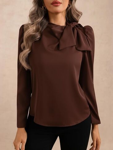 Women's Bow Tie Neck Puff Long Sleeve Blouse Elegant Work Office Shirts in Saudi Arabia