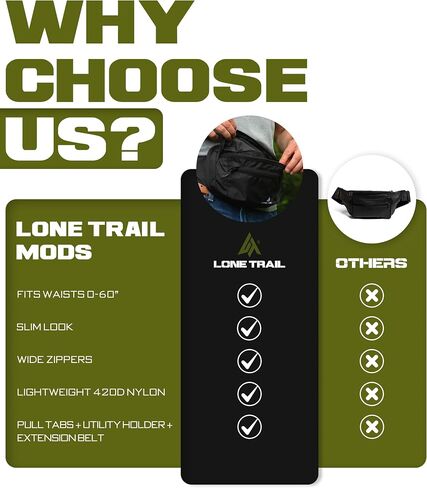 Lone Trail Subcompact مخفي Carry Fanny Pack للرجال | قابلة للتعديل CCW Fanny Pack للرجال المشي لمسافات طويلة والسفر ، والوصول السريع إلى جيوب الخلفية- حزم الخصر التكتيكية مع حزام رئيسي وقابل للتعديل بالكامل in Kuwait