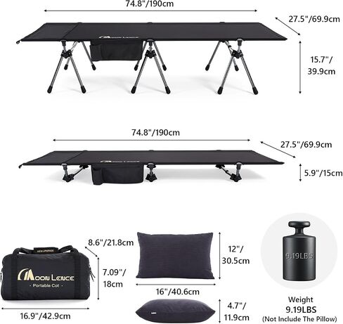 قمر Lence Hight Camping COT - يدعم 330 رطلاً ، وسريرًا قابلًا للطي محمولًا مع تمديد الساق للتخييم ، والمشي لمسافات طويلة ، والنوم ، وحزمة واحدة ، والأسود in Kuwait