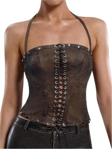 WDIRARA Women's PU Leather Lace Up Halter Top Vintage Western Sleeveless Backless Camisole Tops in Saudi Arabia