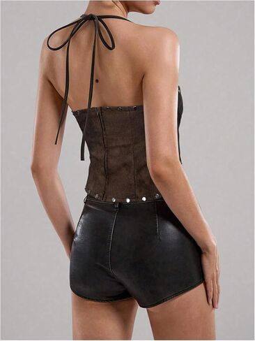 WDIRARA Women's PU Leather Lace Up Halter Top Vintage Western Sleeveless Backless Camisole Tops in Saudi Arabia