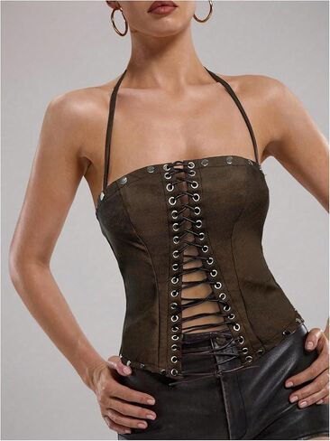 WDIRARA Women's PU Leather Lace Up Halter Top Vintage Western Sleeveless Backless Camisole Tops in Saudi Arabia