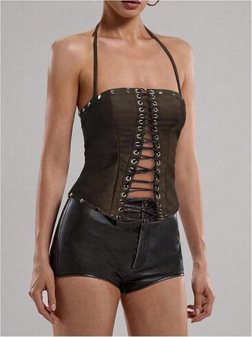 WDIRARA Women's PU Leather Lace Up Halter Top Vintage Western Sleeveless Backless Camisole Tops in Saudi Arabia