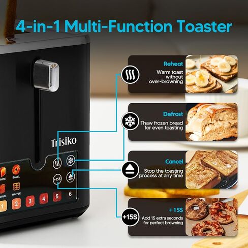 Trisiko® Touch Screen Screen Toster 2 ، محمصة ذكية من الفولاذ المقاوم للصدأ مع جهاز توقيت رقمي ، 1.38 "فتحات إضافية للخبز والخبز ، مع إعادة التسخين ، إلغاء ، إلغاء ، +15S دفعة ، رائعة للمنزل ، المكتب ، النوم in Kuwait