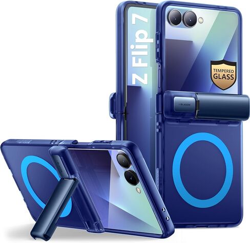 i-Blason for Samsung Galaxy Z Flip 7 Case with Stand [Tempered Glass Screen Protector] [Hinge Protection] [Support Wireless Charging] Slim Matte Protective Magnetic Phone Case for Z Flip 7, Clear in Saudi Arabia