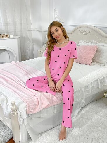 Women's Pajamas Set Soft Comfortable Sleepwear Heart Print Nightwear Short Sleeves Cozy Loungewear in Saudi Arabia