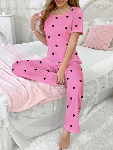 Women's Pajamas Set Soft Comfortable Sleepwear Heart Print Nightwear Short Sleeves Cozy Loungewear in Saudi Arabia