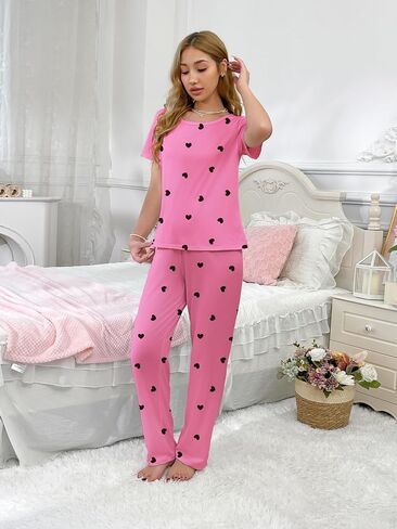Women's Pajamas Set Soft Comfortable Sleepwear Heart Print Nightwear Short Sleeves Cozy Loungewear in Saudi Arabia
