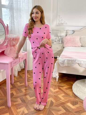 Women's Pajamas Set Soft Comfortable Sleepwear Heart Print Nightwear Short Sleeves Cozy Loungewear in Saudi Arabia
