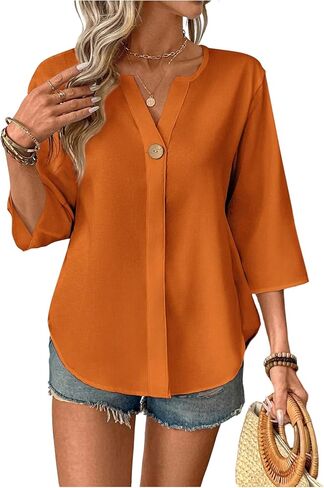 Floerns Women's Casual 3/4 Length Sleeve Blouse Top Notched Neck Loose Work Shirts in Kuwait