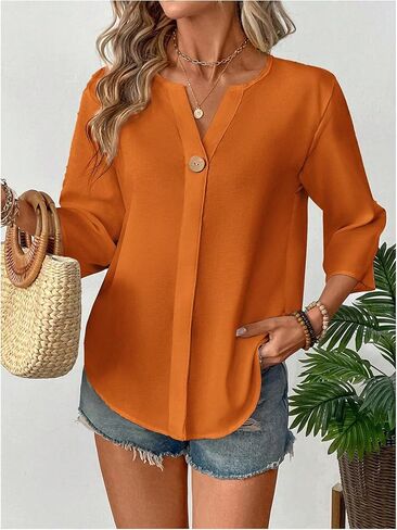 Floerns Women's Casual 3/4 Length Sleeve Blouse Top Notched Neck Loose Work Shirts in Kuwait