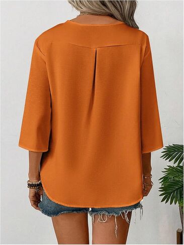 Floerns Women's Casual 3/4 Length Sleeve Blouse Top Notched Neck Loose Work Shirts in Kuwait