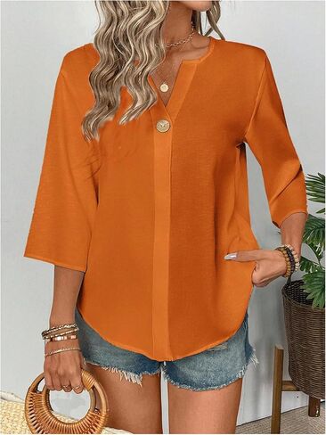 Floerns Women's Casual 3/4 Length Sleeve Blouse Top Notched Neck Loose Work Shirts in Kuwait