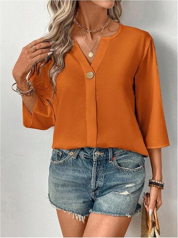 Floerns Women's Casual 3/4 Length Sleeve Blouse Top Notched Neck Loose Work Shirts in Kuwait