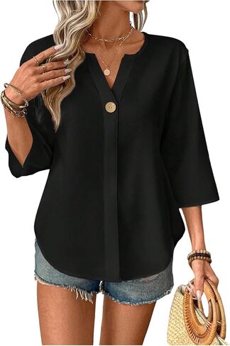 Floerns Women's Casual 3/4 Length Sleeve Blouse Top Notched Neck Loose Work Shirts in Kuwait
