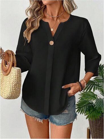 Floerns Women's Casual 3/4 Length Sleeve Blouse Top Notched Neck Loose Work Shirts in Kuwait