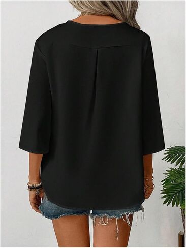 Floerns Women's Casual 3/4 Length Sleeve Blouse Top Notched Neck Loose Work Shirts in Kuwait