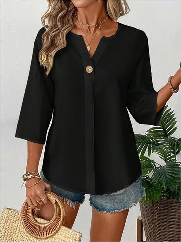 Floerns Women's Casual 3/4 Length Sleeve Blouse Top Notched Neck Loose Work Shirts in Kuwait